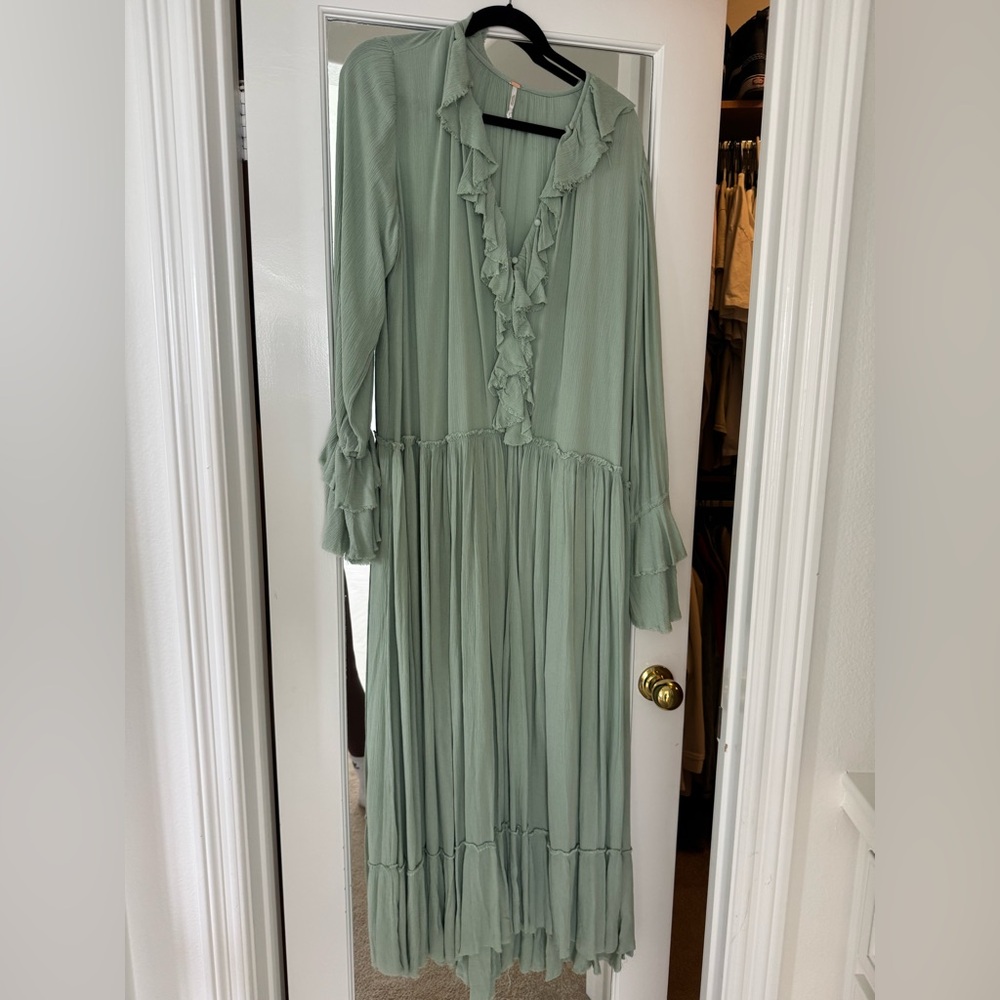 Free People Green Pleated V-Neck Sundress